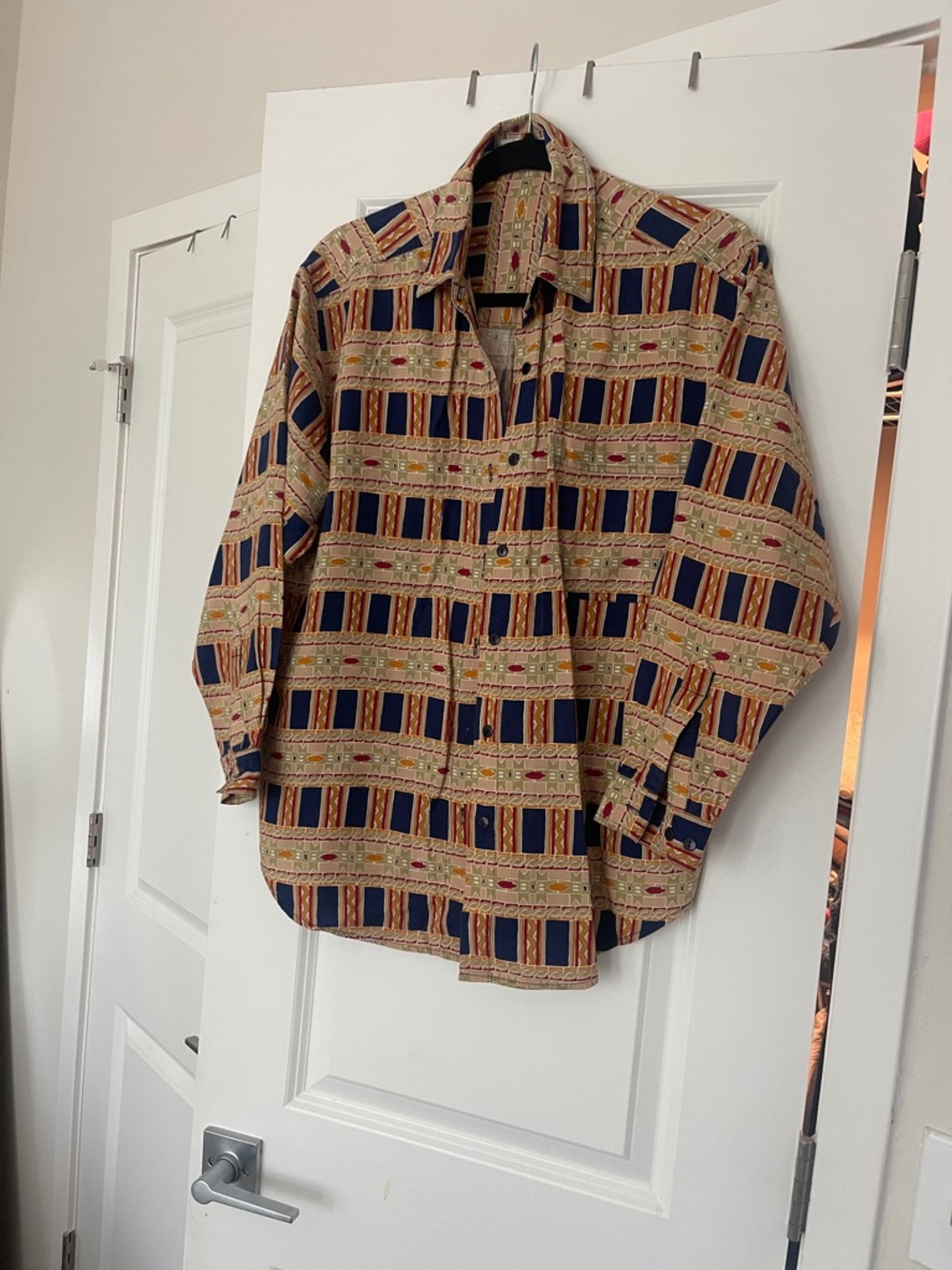 Womens Beige & Navy Patterned Button-Down Shirt